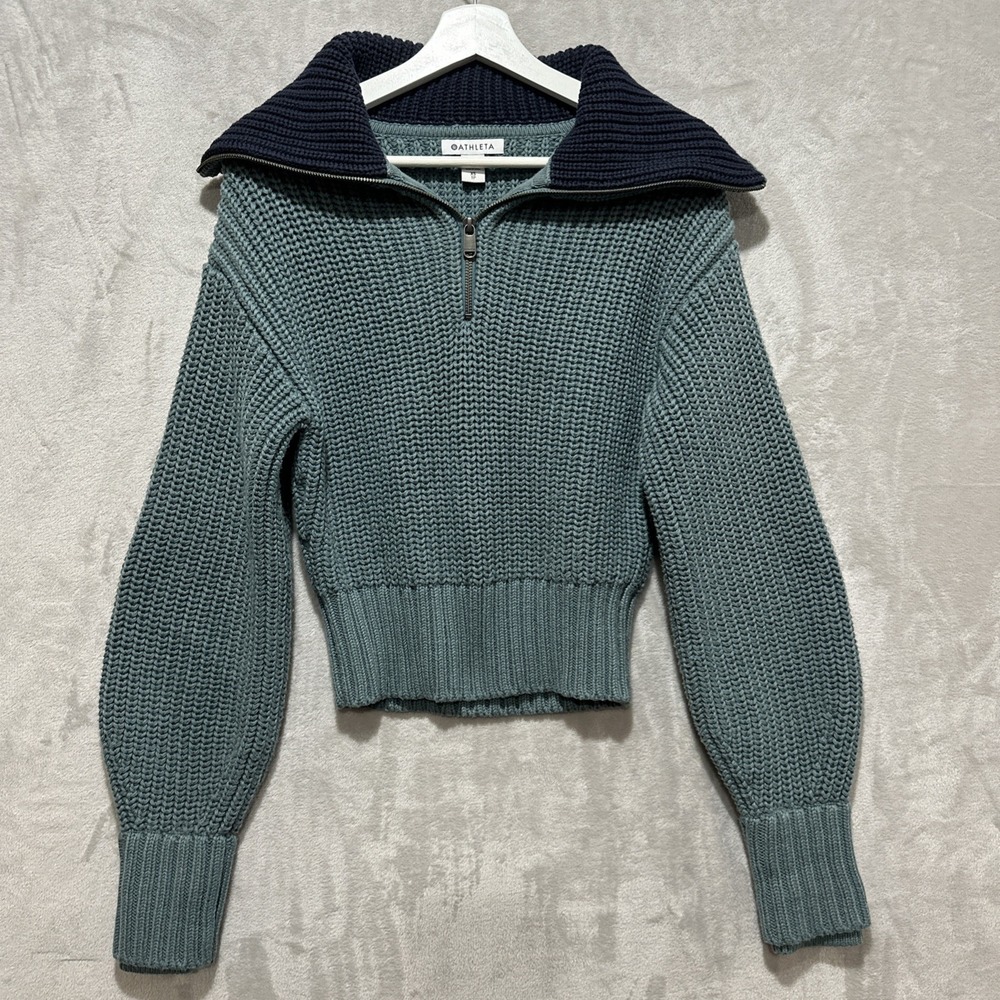Athleta Alder Sweater XS Chunky Rib Knit Deep Ocean Teal Navy Blue Collar
